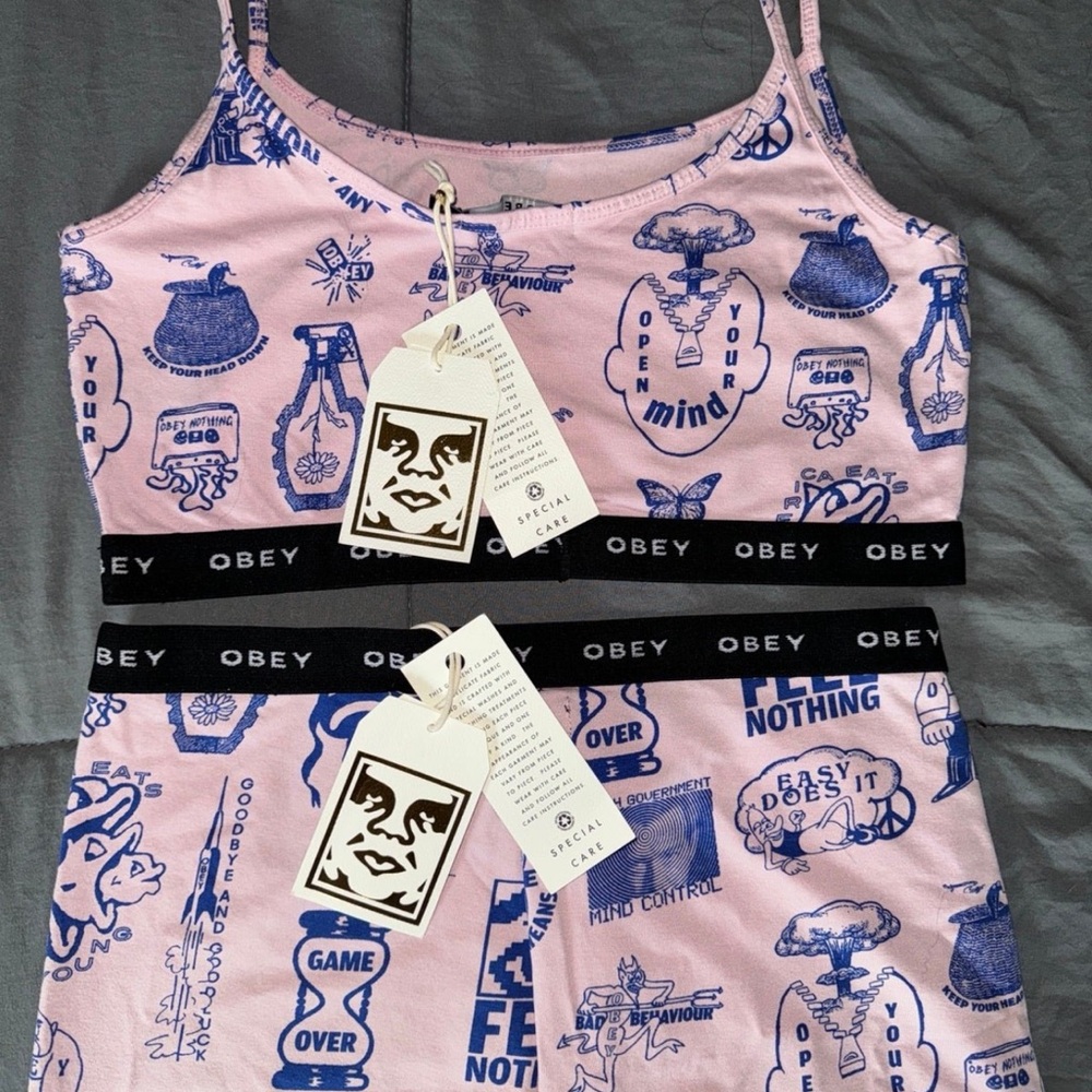 Obey Pink and Blue Graphic bra and biker shorts matching set
